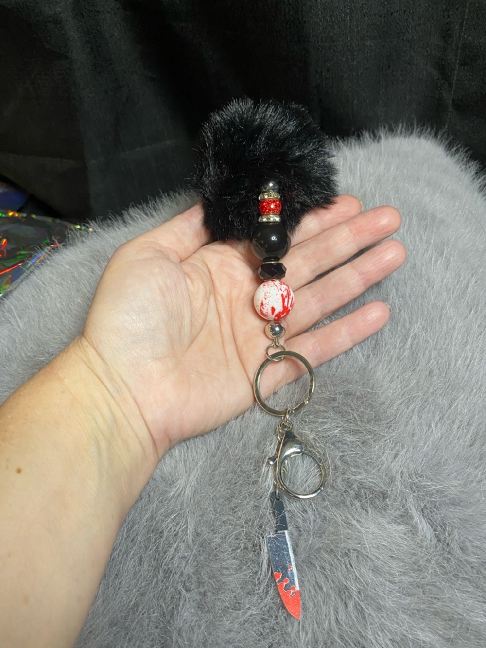 Black Faux Fur Beaded Keychain with Red Accent